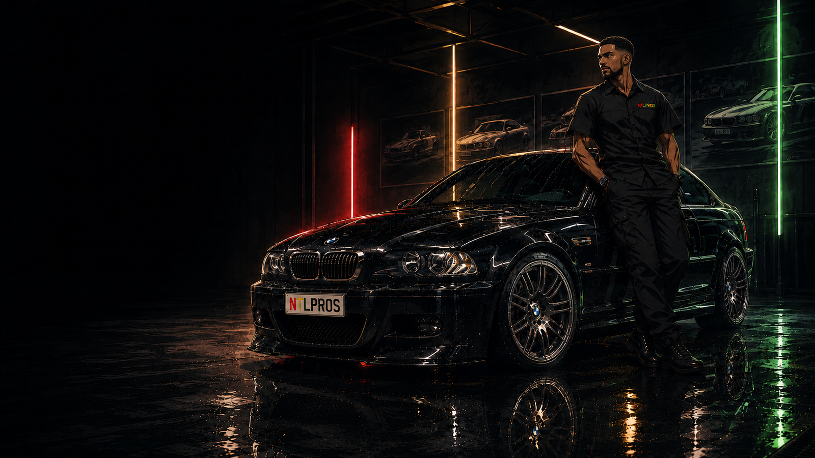 NTLPROS detailer in uniform leaning against a classic black BMW E46 in a premium detailing studio